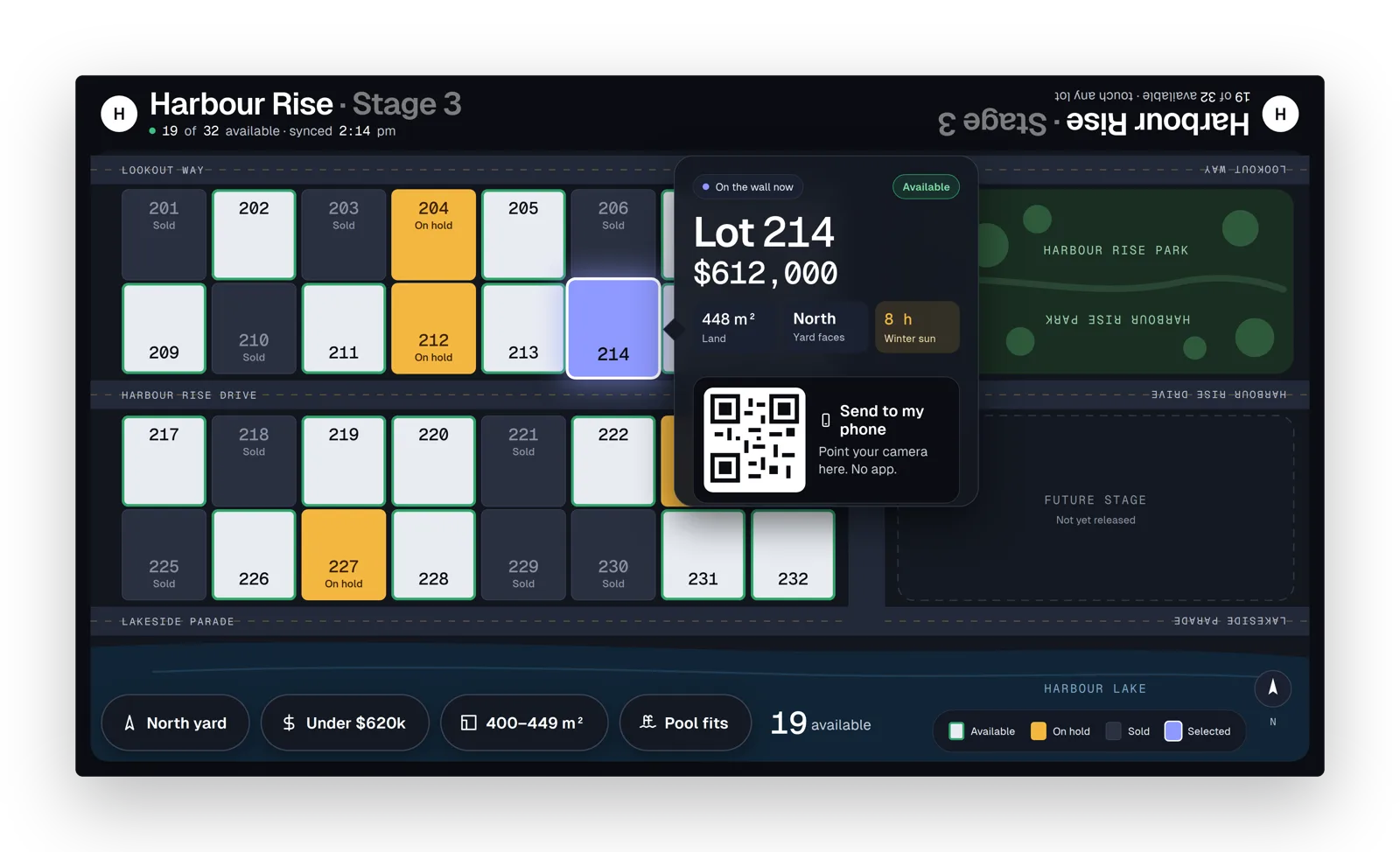 A touch-table masterplan in a sales gallery with large touch targets and lots by status