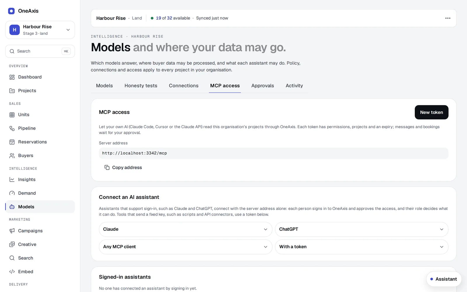 OneAxis settings for connecting an AI assistant: Claude, ChatGPT, any MCP client, or a token